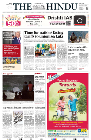 Prima pagina The Hindu (Delhi) di oggi - Quotidiano estero