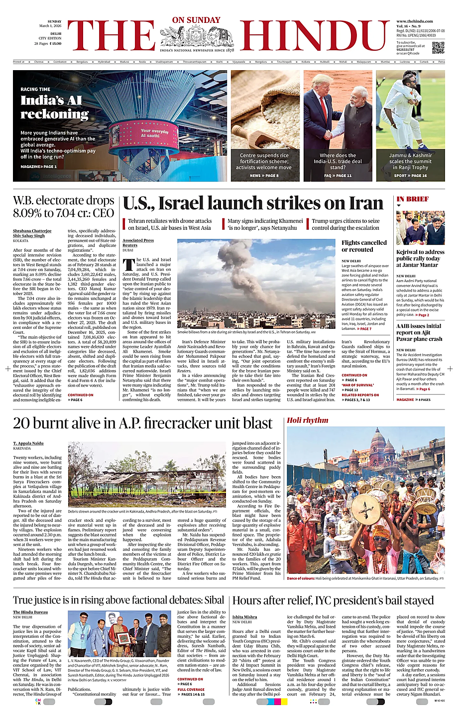 Prima pagina The Hindu (Delhi) di oggi - Edicola 1 Marzo 2026