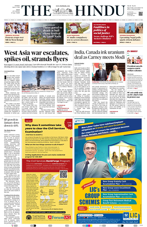 Prima pagina The Hindu (Delhi) di oggi - Quotidiano estero