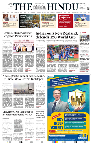Prima pagina The Hindu (Delhi) di oggi - Quotidiano estero