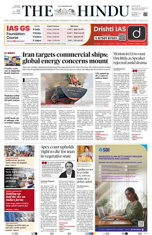 Prima pagina The Hindu (Delhi) di oggi - Quotidiano estero