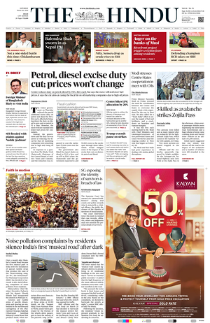 Prima pagina The Hindu (Delhi) di oggi - Quotidiano estero