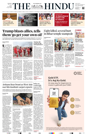 Prima pagina The Hindu (Delhi) di oggi - Quotidiano estero