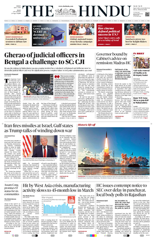 Prima pagina The Hindu (Delhi) di oggi - Quotidiano estero