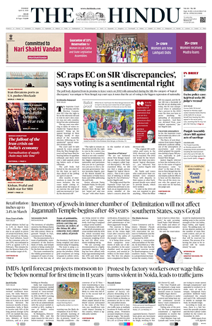 Prima pagina The Hindu (Delhi) di oggi - Quotidiano estero