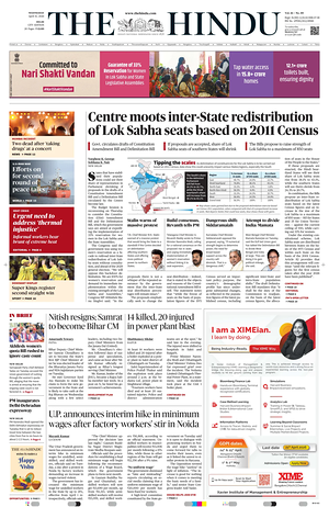 Prima pagina The Hindu (Delhi) di oggi - Quotidiano estero