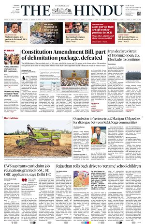 Prima pagina The Hindu (Delhi) di oggi - Quotidiano estero