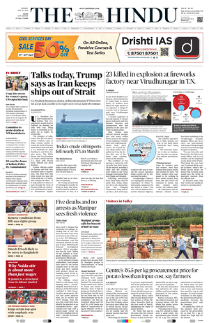 Prima pagina The Hindu (Delhi) di oggi - Quotidiano estero