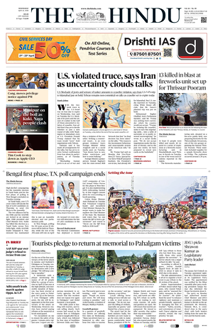 Prima pagina The Hindu (Delhi) di oggi - Quotidiano estero