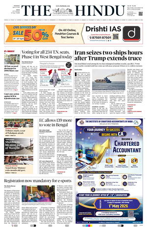 Prima pagina The Hindu (Delhi) di oggi - Quotidiano estero