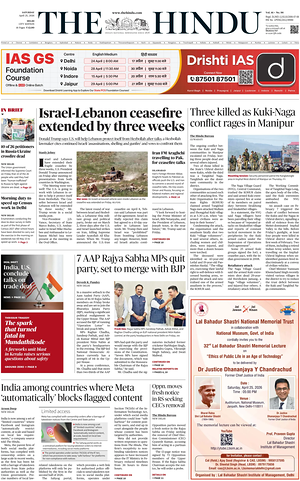 Prima pagina The Hindu (Delhi) di oggi - Quotidiano estero