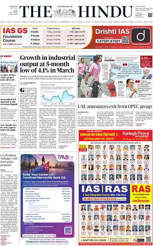 Prima pagina The Hindu (Delhi) di oggi - Quotidiano estero