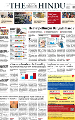 Prima pagina The Hindu (Delhi) di oggi - Quotidiano estero