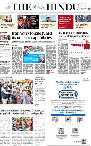 Prima pagina The Hindu (Delhi) di oggi - Quotidiano estero