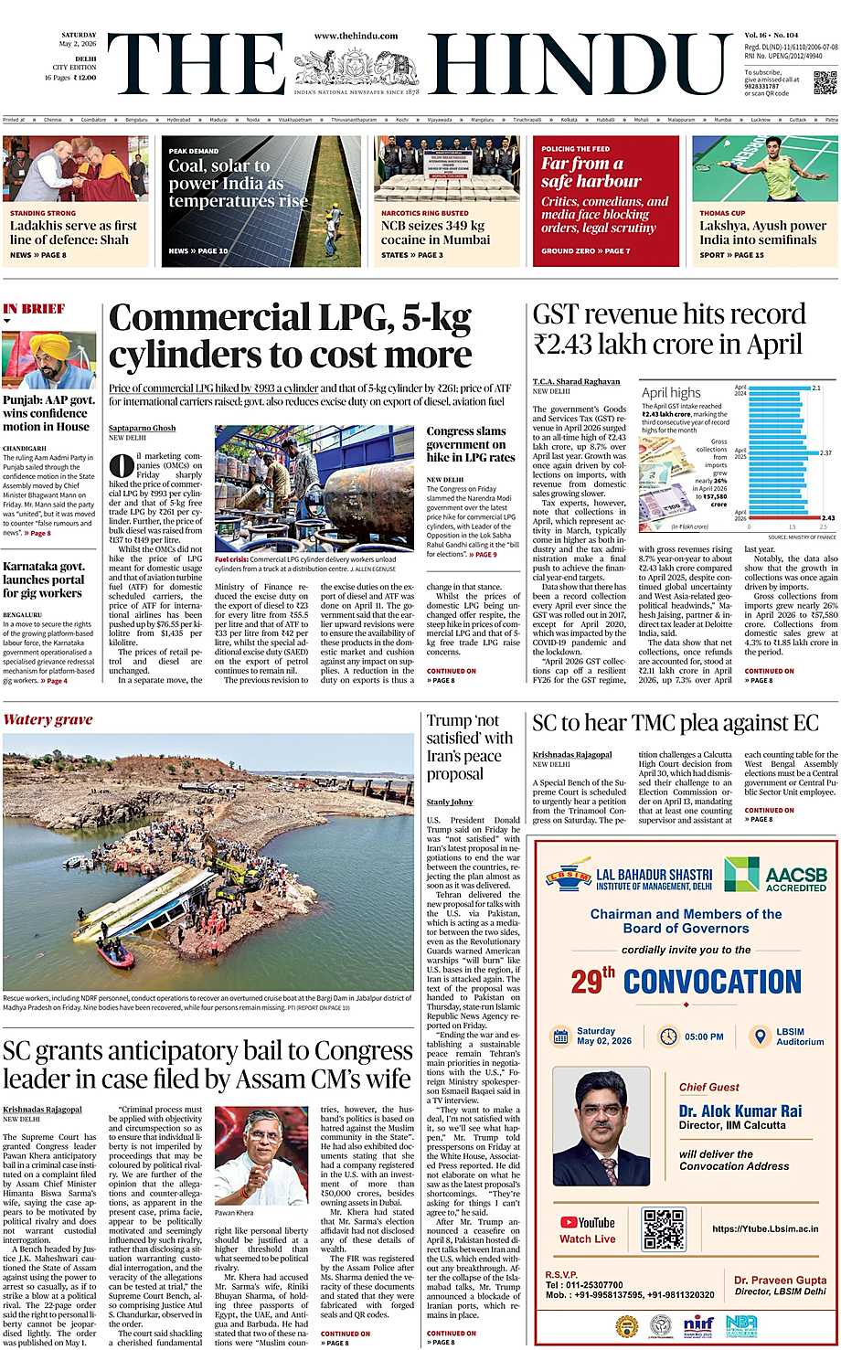 Portada The Hindu (Delhi) de hoy - Quiosco 2 mayo 2026
