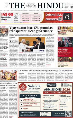 Prima pagina The Hindu (Delhi) di oggi - Quotidiano estero