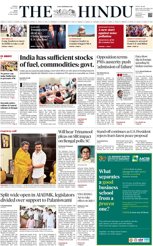 Prima pagina The Hindu (Delhi) di oggi - Quotidiano estero