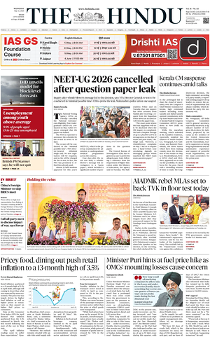 Prima pagina The Hindu (Delhi) di oggi - Quotidiano estero