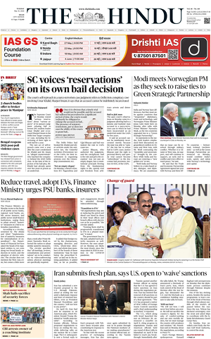 Prima pagina The Hindu (Delhi) di oggi - Quotidiano estero