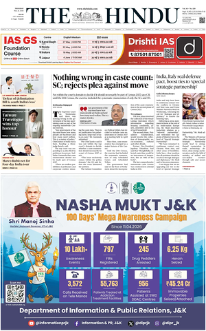 Prima pagina The Hindu (Delhi) di oggi - Quotidiano estero