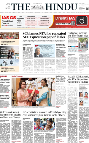 Prima pagina The Hindu (Delhi) di oggi - Quotidiano estero