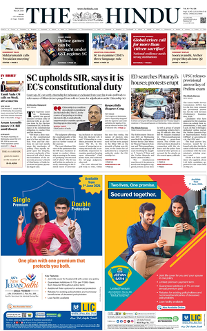 Prima pagina The Hindu (Delhi) di oggi - Quotidiano estero