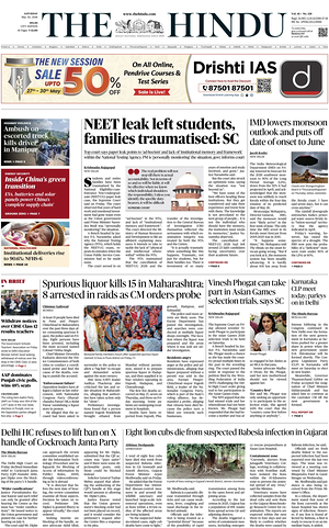 Prima pagina The Hindu (Delhi) di oggi - Quotidiano estero