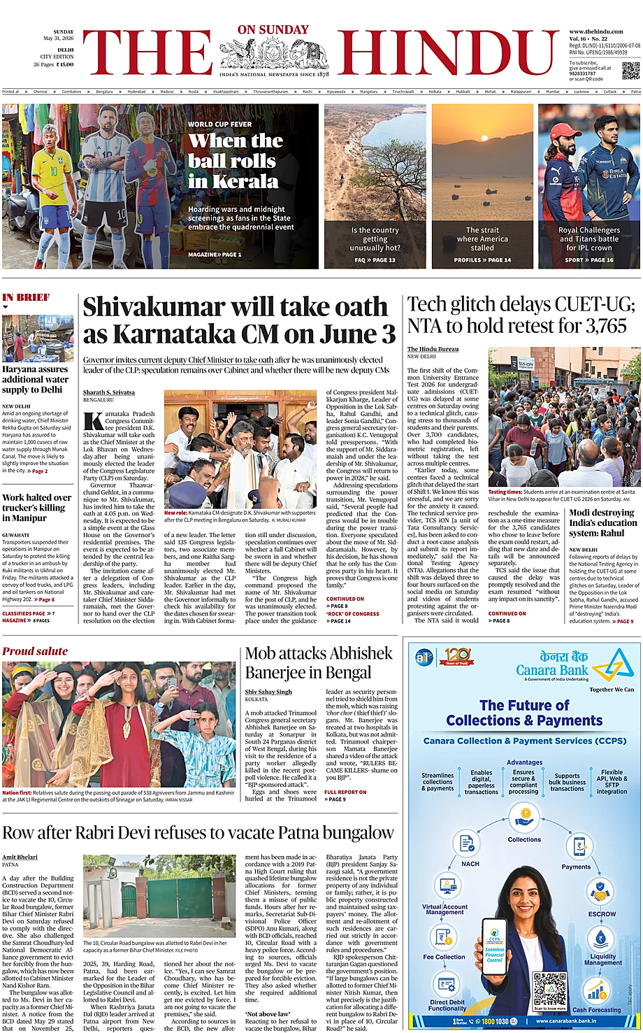 Prima pagina The Hindu (Delhi) di oggi - Edicola 31 Maggio 2026