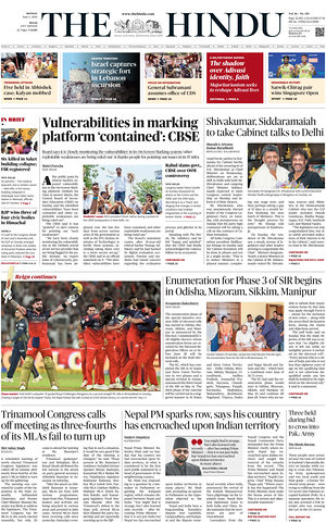 Prima pagina The Hindu (Delhi) di oggi - Quotidiano estero
