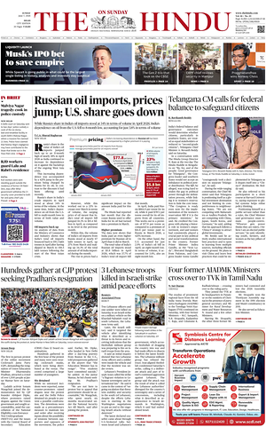 Prima pagina The Hindu (Delhi) di oggi - Quotidiano estero