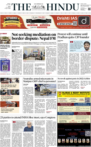 Prima pagina The Hindu (Delhi) di oggi - Quotidiano estero