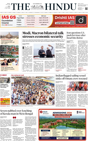 Prima pagina The Hindu (Delhi) di oggi - Quotidiano estero