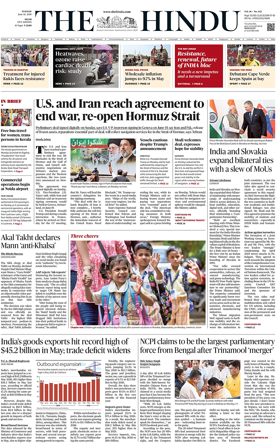 Portada The Hindu (Delhi) de hoy - Quiosco 16 junio 2026