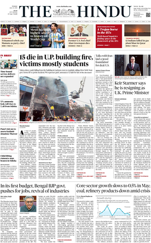 Prima pagina The Hindu (Delhi) di oggi - Quotidiano estero