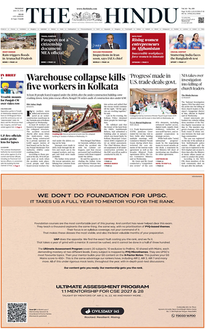 Prima pagina The Hindu (Delhi) di oggi - Quotidiano estero
