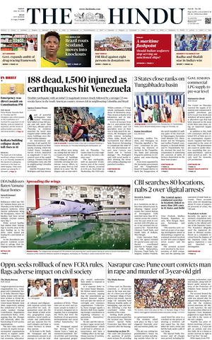 Prima pagina The Hindu (Delhi) di oggi - Quotidiano estero