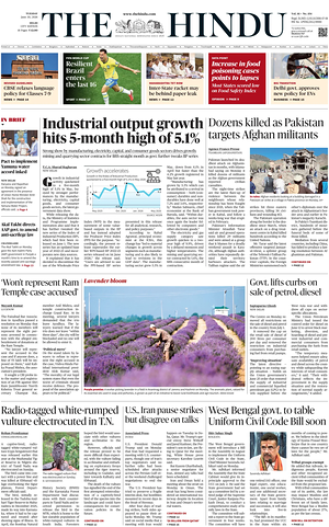 Prima pagina The Hindu (Delhi) di oggi - Quotidiano estero