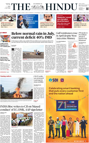 Prima pagina The Hindu (Delhi) di oggi - Quotidiano estero