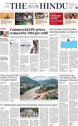 Prima pagina The Hindu (Delhi) di oggi - Quotidiano estero