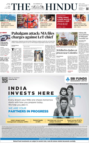 Prima pagina The Hindu (Delhi) di oggi - Quotidiano estero