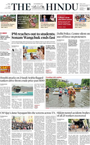 Prima pagina The Hindu (Delhi) di oggi - Quotidiano estero
