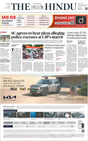 Prima pagina The Hindu (Delhi) di oggi - Quotidiano estero