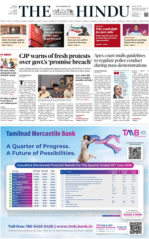 Prima pagina The Hindu (Delhi) di oggi - Quotidiano estero