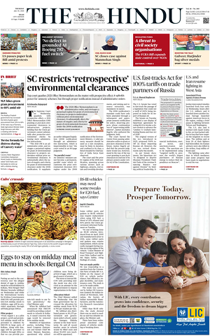 Prima pagina The Hindu (Delhi) di oggi - Quotidiano estero