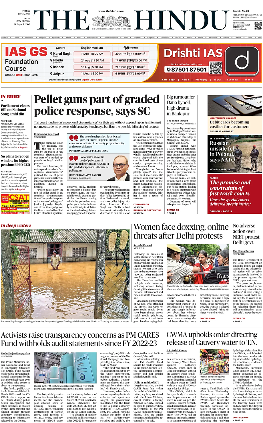 Portada The Hindu (Delhi) de hoy - Quiosco 31 julio 2026