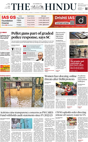 Prima pagina The Hindu (Delhi) di oggi - Quotidiano estero