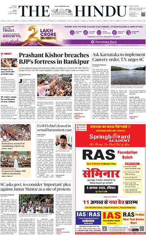 Prima pagina The Hindu (Delhi) di oggi - Quotidiano estero