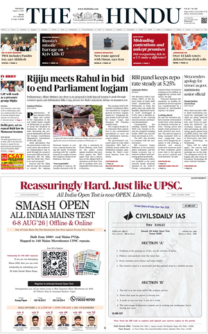 Prima pagina The Hindu (Delhi) di oggi - Quotidiano estero