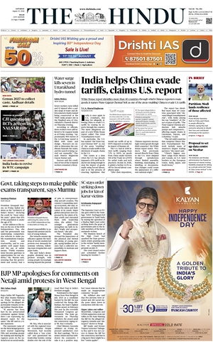 Prima pagina The Hindu (Delhi) di oggi - Quotidiano estero