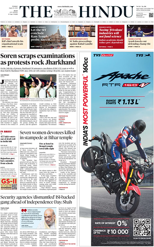 Prima pagina The Hindu (Delhi) di oggi - Quotidiano estero